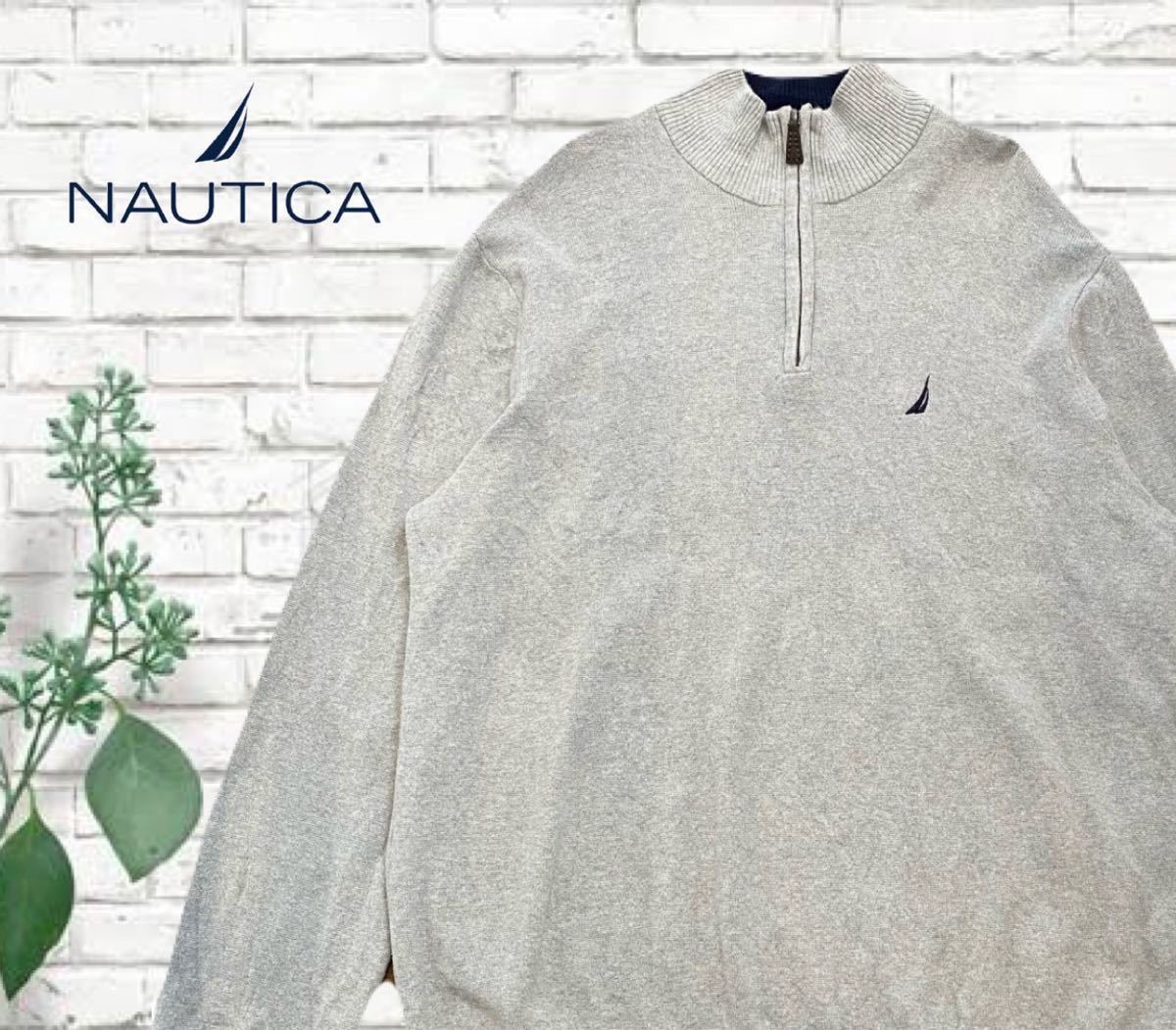 A-141★NAUTICA ノーティカ★グレー灰色 左胸ロゴ刺繍 レザー 長袖 ハーフジップ ニット セーター XL_画像1