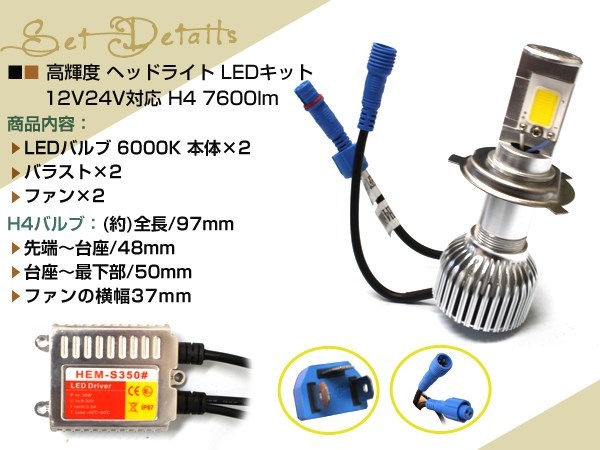 ランサー/ランエボ LED ヘッドライト H4 H/L リレーレス 7600lm CREE スライド 切替 HI/LO 12V/24V バラスト バルブ バーナー ファン付COB_画像2