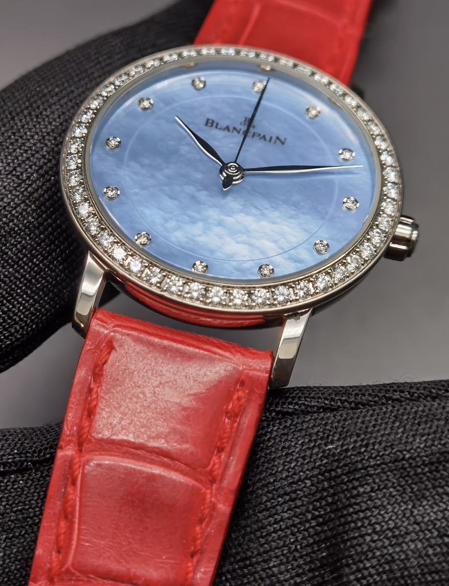 中古美品 ブランパン BLANCPAIN ヴィルレ ウルトラスリム 6102 ダイヤモンド 18K WG 750 ブルー シェル文字盤 自動巻き レディース 腕時計 _画像10