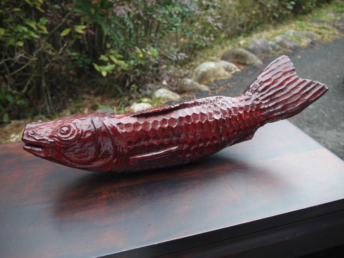 【TS40121】木彫り 鯉 こい コイ 木製 置物 インテリア 44cm 時代_画像1