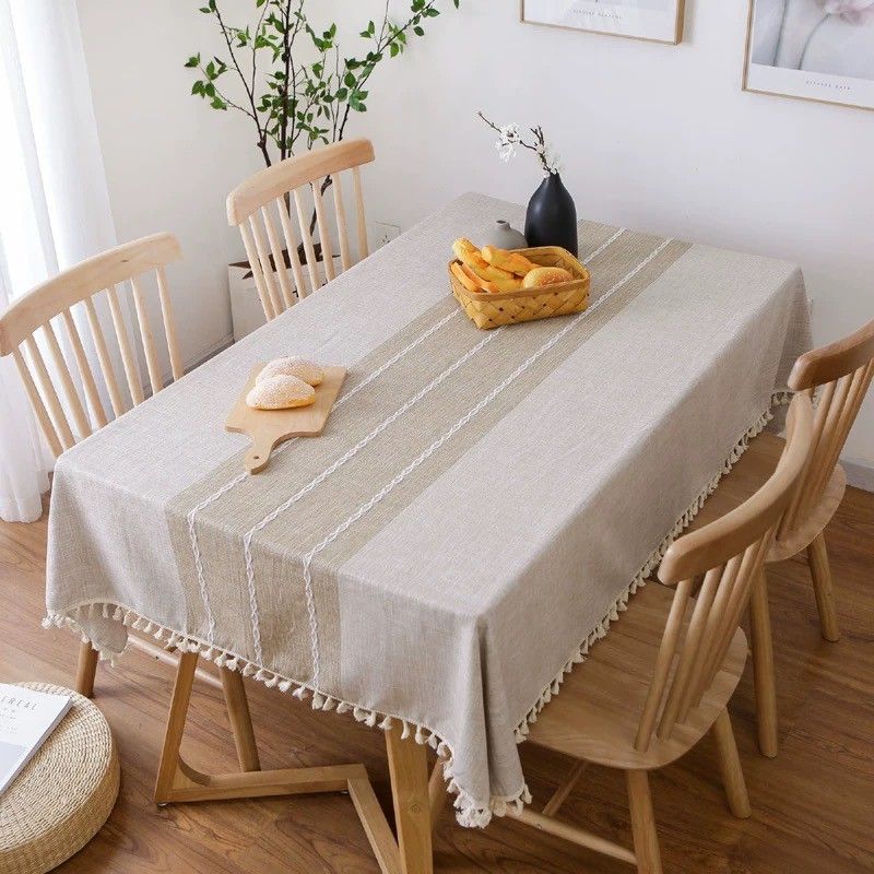 テーブルクロス 北欧風 撥水 厚手 茶色 インテリア リネン140ｘ220　フリンジ付き　 飾り　食卓カバー　