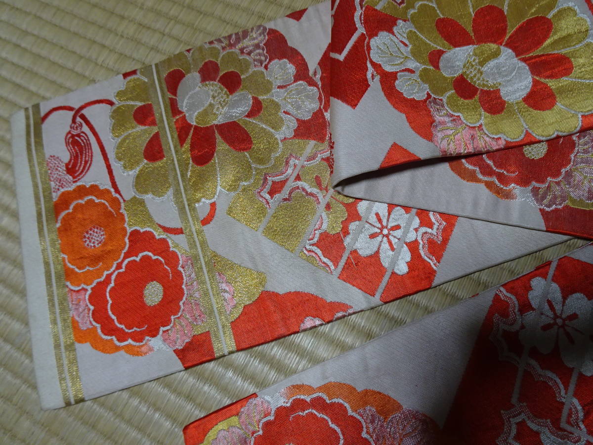  Showa Retro / старый ткань цветок .. рисунок . глянец ... античный maru obi ( натуральный шелк ) материалы для тоже 