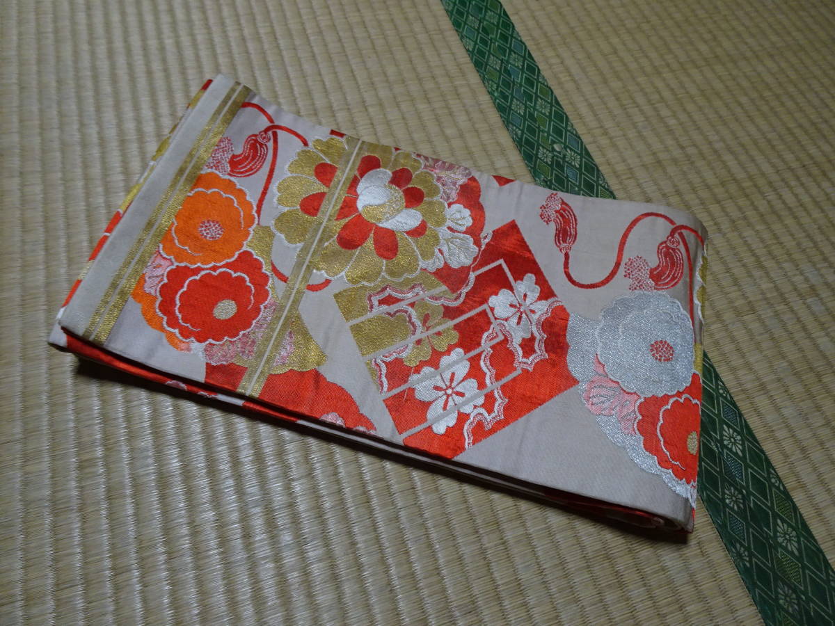  Showa Retro / старый ткань цветок .. рисунок . глянец ... античный maru obi ( натуральный шелк ) материалы для тоже 