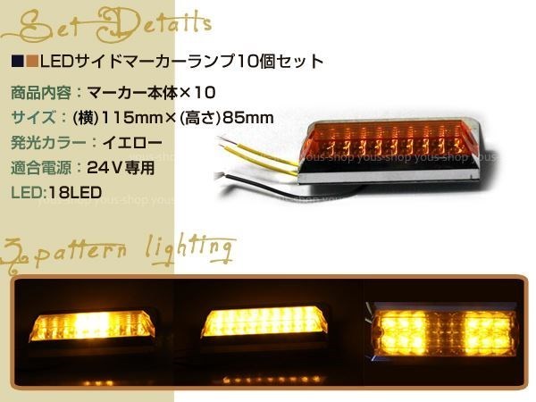 トラック用 12発 LED サイドマーカー 24V専用 イエロー 10個 バスマーカー マーカーランプ 角型 カスタム ドレスアップ 路肩灯 車幅灯_画像2