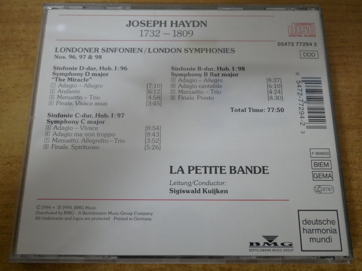 CDk-3562 Joseph Haydn, La Petite Bande, Sigiswald Kuijken / London Symphonies Nos. 96 The Miracle, 97 & 98_画像2