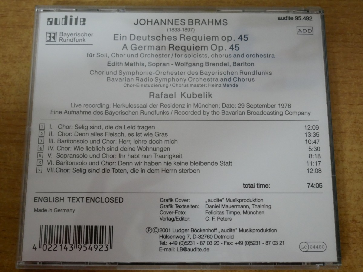 CDk-4068 - Edith Mathis, Wolfgang Brendel, Symphonie-Orchester Des Bayerischen Rundfunks / Brahms :Ein Deutsches Requiem_画像2