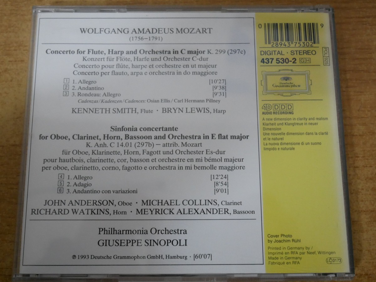 CDk-4183 Mozart, Philharmonia Orchestra, Giuseppe Sinopoli / Flute And Harp Concerto K. 299 - Sinfonia Concertante K. 297B_画像2