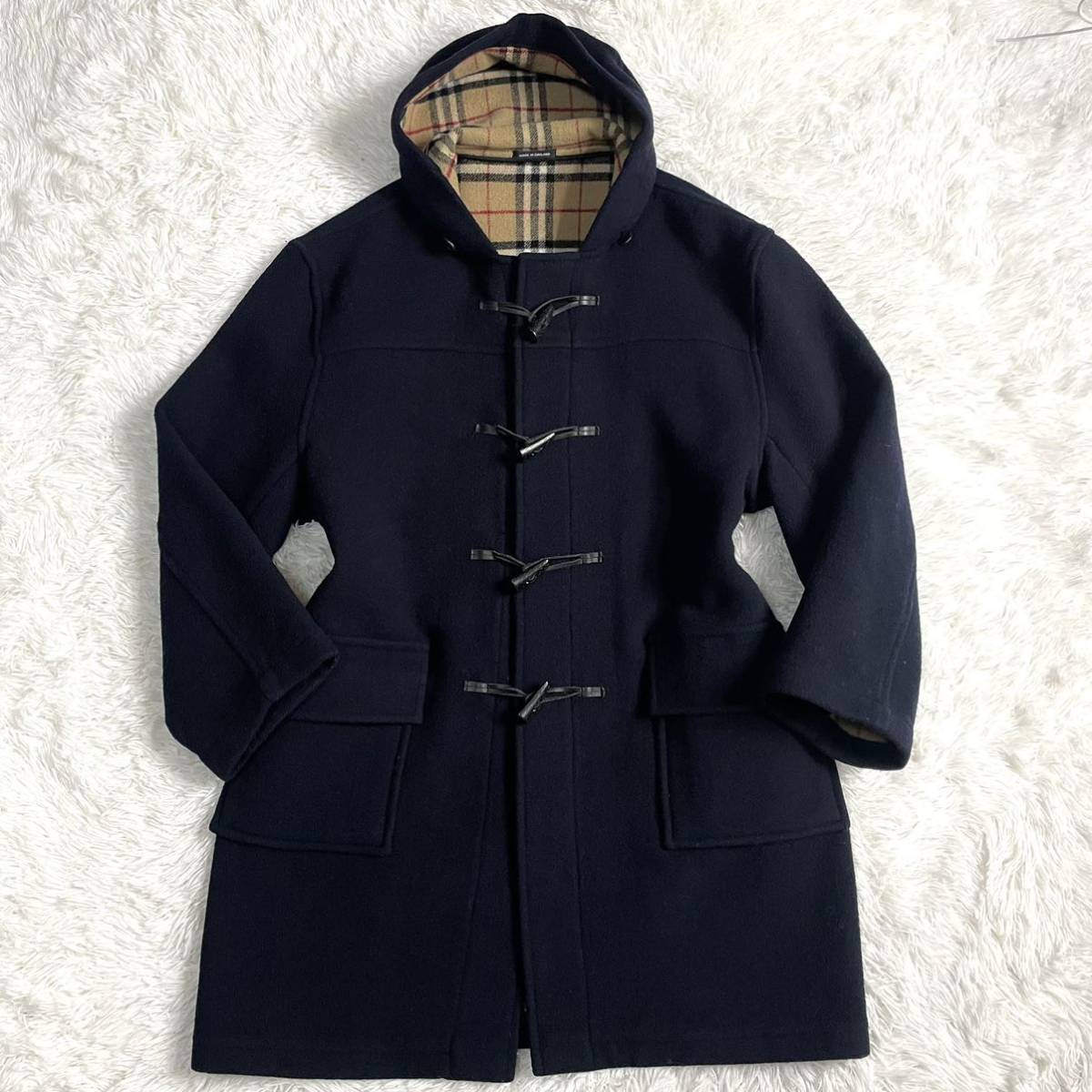 美品/希少L!! バーバリー《英国紳士の風格》BURBERRY ダッフルコート ロング丈 ノバチェック フード トグル ダークネイビー×ベージュ_画像2