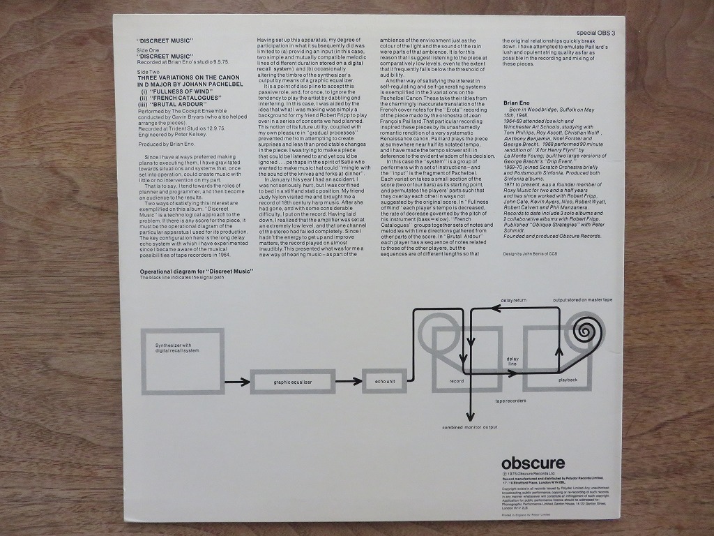 Brian Eno / ブライアン・イーノ / Discreet Music / 英盤 / Obscure3 / LP / レコード_画像3