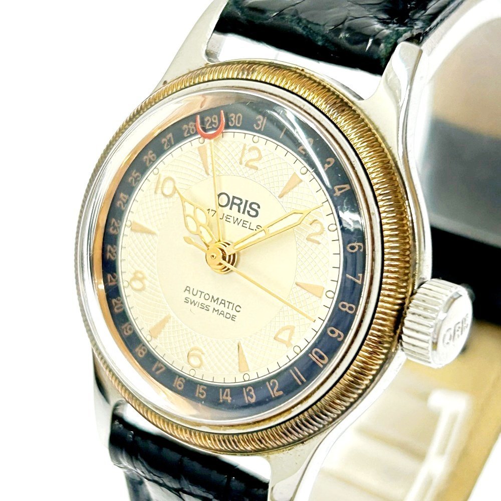 【1円スタート】【箱付き】ORIS オリス 7400 ポインターデイト 裏スケ SS×革ベルト シルバー文字盤 自動巻き ボーイズ腕時計 228149_画像2