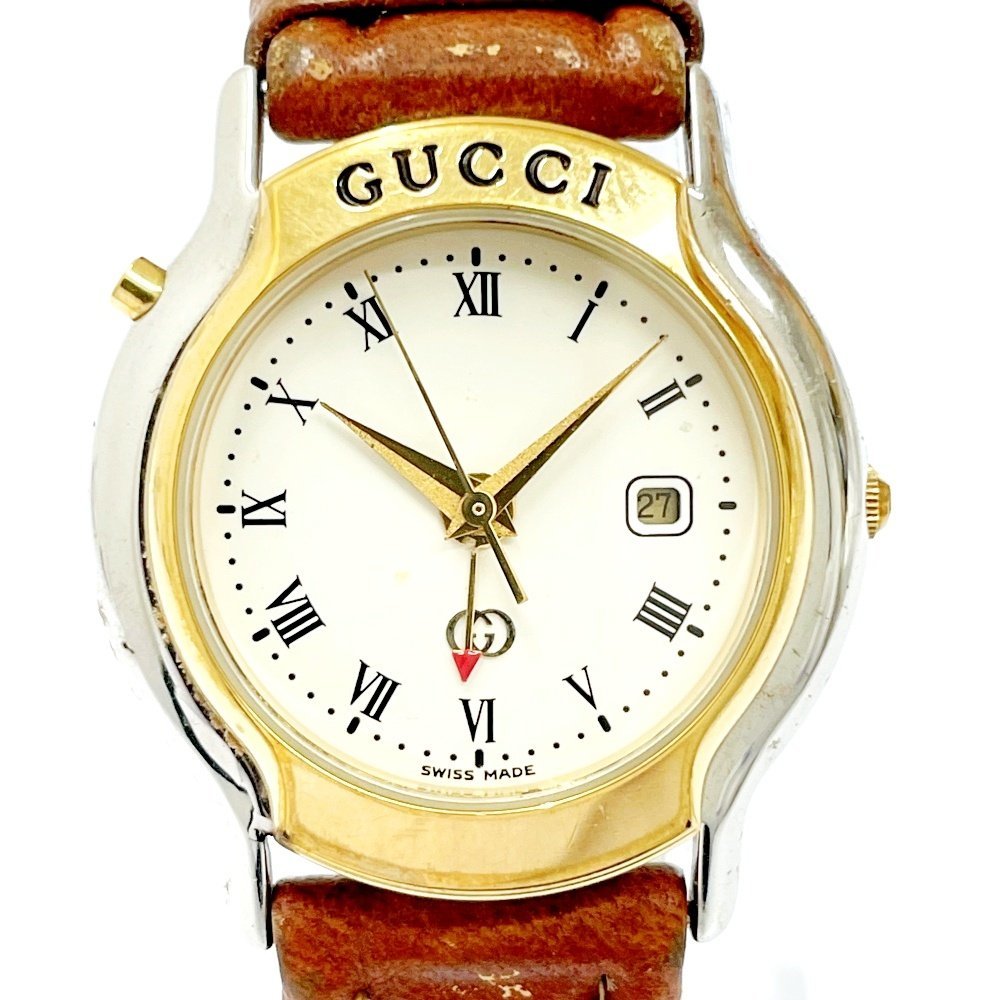 【1円スタート】GUCCI グッチ 8200JR MONDIALE SS×革ベルト アイボリー文字盤 クオーツ レディース腕時計 ジャンク 228579_画像1