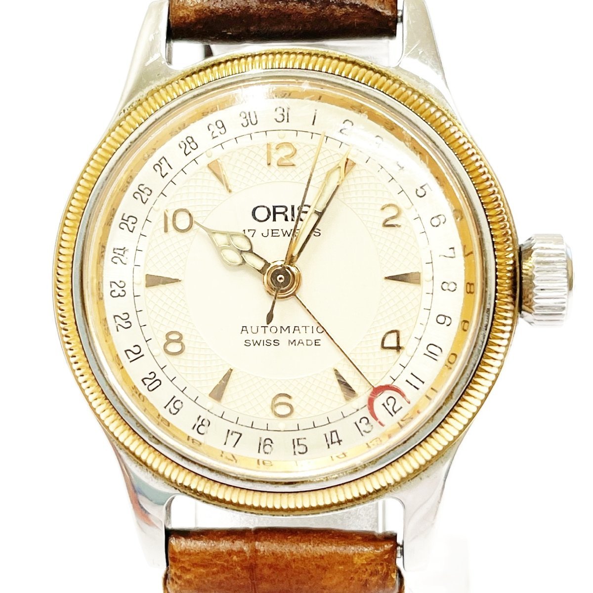 【1円スタート】【箱付き】ORIS オリス 7400C ポインターデイト 裏スケ GP×革ベルト 自動巻き ボーイズ腕時計 230894_画像1