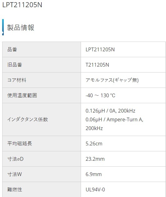アモルファスリング（日本ケミコン製 T211205N） ノイズフィルター用