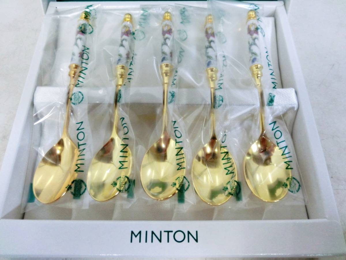 【　未使用　】MINTON　ティースプーン　5本セット　ハドンホールHH002G　グリーン　カトラリー　ゴールド　シュガースプーン　ミントン