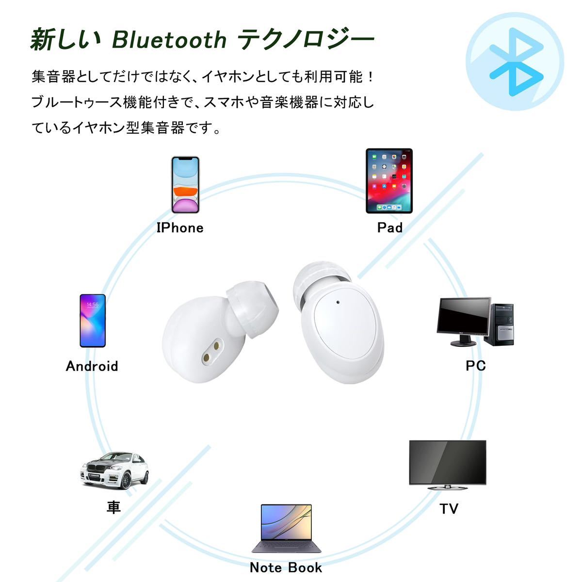 集音器 軽中度難聴者用 Bluetooth 充電式 小型 軽量 ノイズ低減 ポータブル高感度集音器 簡単操作 ホワイト イヤホン_画像3