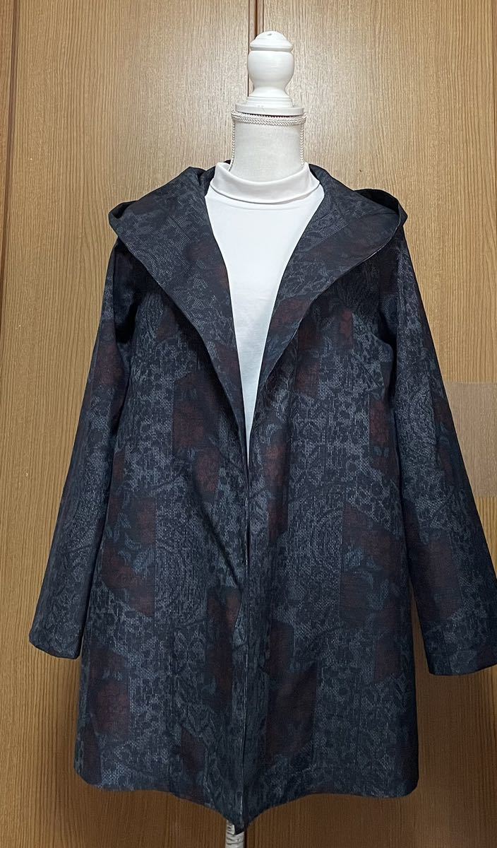 着物リメイク 藍色系　紬のフード付きジャケット　L〜LLサイズ_画像1