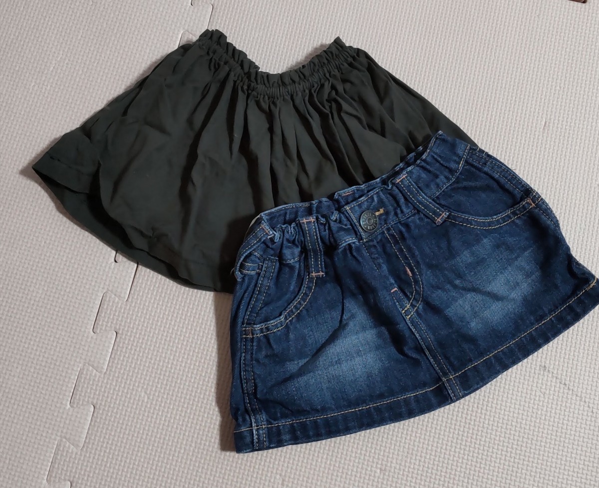 女の子 デニムスカート　ブリーズ　ハート　カーキ　スカート　2枚セット　ベビー服　80_画像1