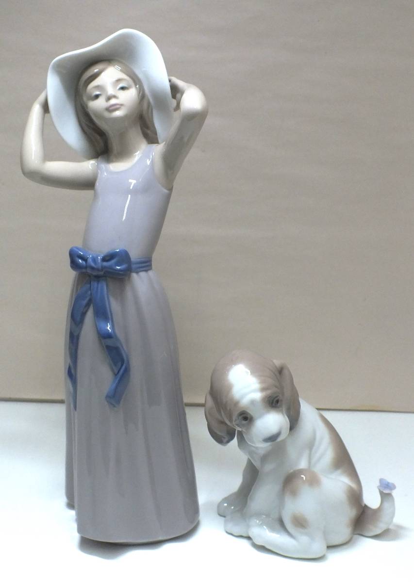 8M リヤドロ LLADRO フィギュリン 陶器 人形 マイフレンド コッカー 犬 帽子をかぶる少女 ワンピース 2点まとめ 1円スタート _画像1