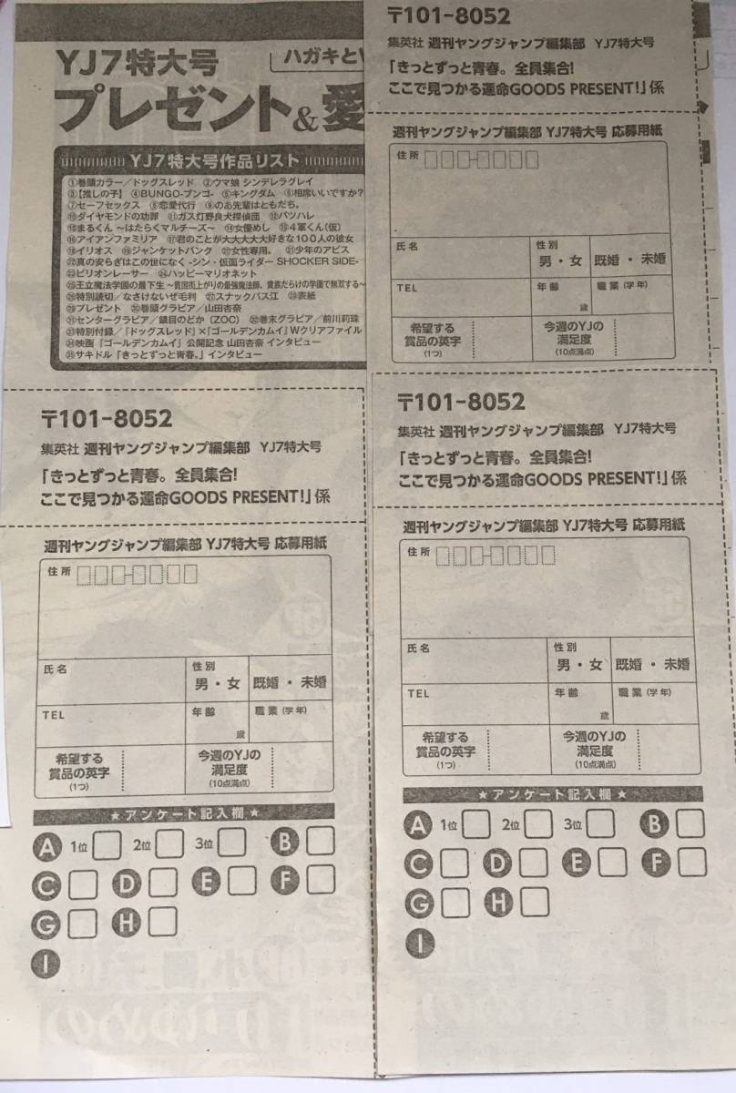 ヤングジャンプ 7号特大号 きっとずっと青春 QUOカード等 応募用紙 3枚セット　ミニレター送料無料_画像1