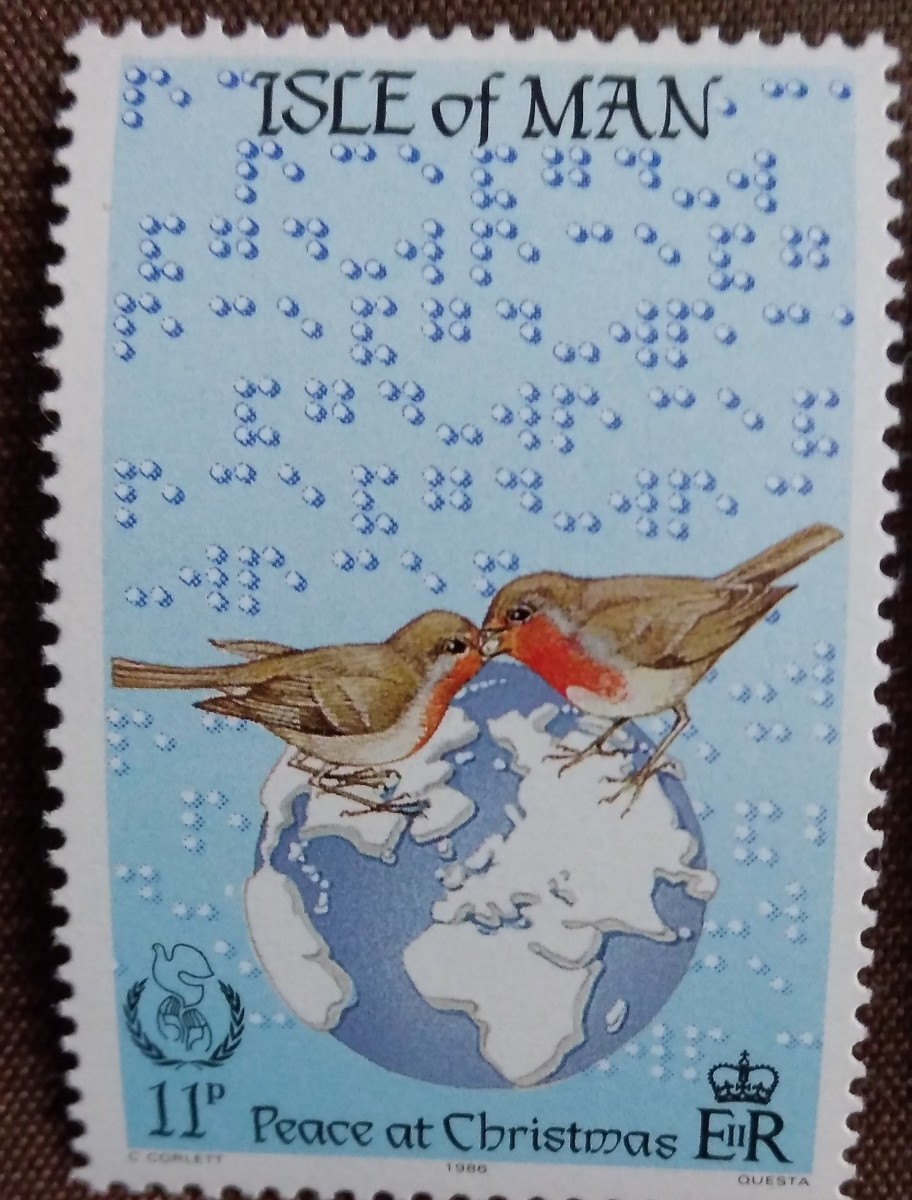 イギリス王室属領　マン島　1986.9.25 国際平和年のクリスマス　3完 鳥　手話　点字　未使用糊あり_画像3