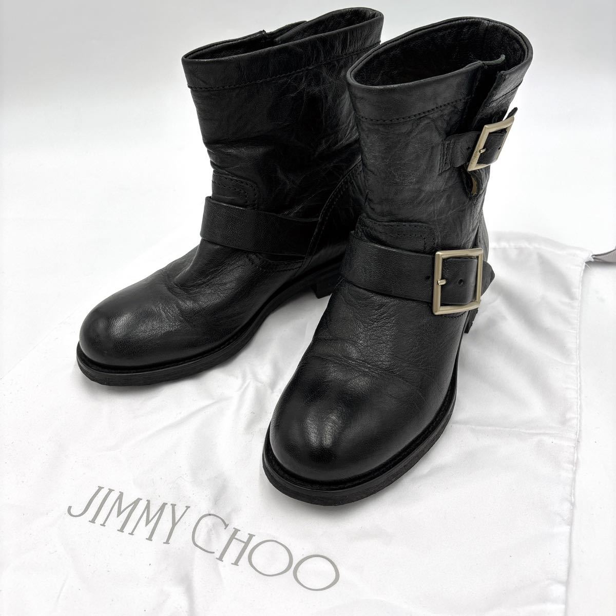 F ＊ 良品 保存袋付き イタリア製 '高級婦人靴' JIMMY CHOO ジミーチュウ 本革 ショート エンジニアブーツ 革靴 EU35 22cm レディース