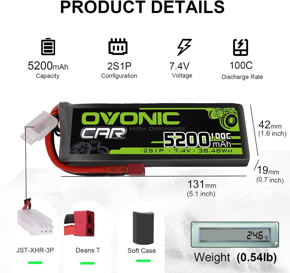 OVONIC 7.4V リポバッテリー 5200mAh 2S 100C ラジコン バッテリー 多種類のRCカー用 Deans T _画像2