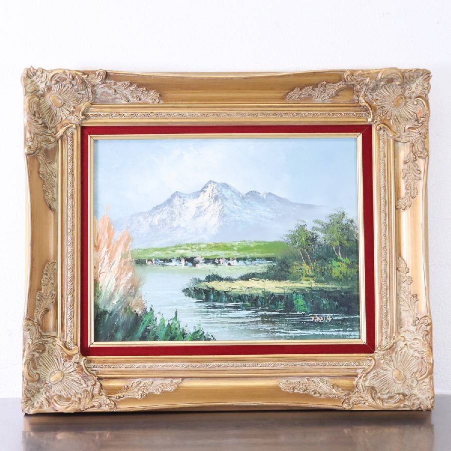 肉筆 アルプス 山 風景 油彩画 絵画 アンティーク調 金彩 額 F6 TIANAサイン入り 作者不明★765h22_画像1