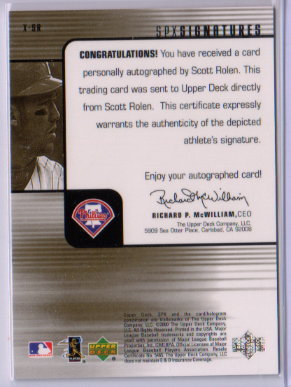 Scott Rolen スコット・ローレン Auto 直筆サイン にじみあり　SPX 2000 Upperdeck_画像2