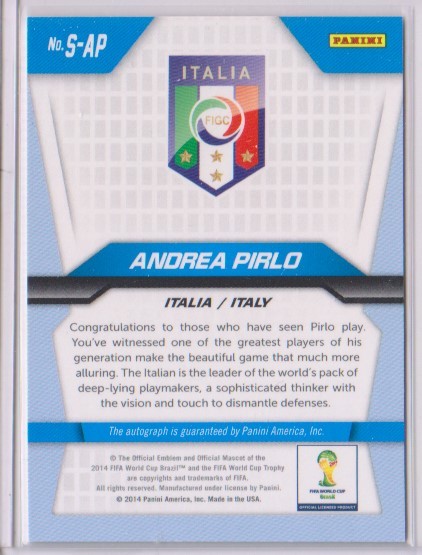 Andrea Pirlo アンドレア・ピルロ　Auto 直筆サイン Panini 2014 World Cup_画像2