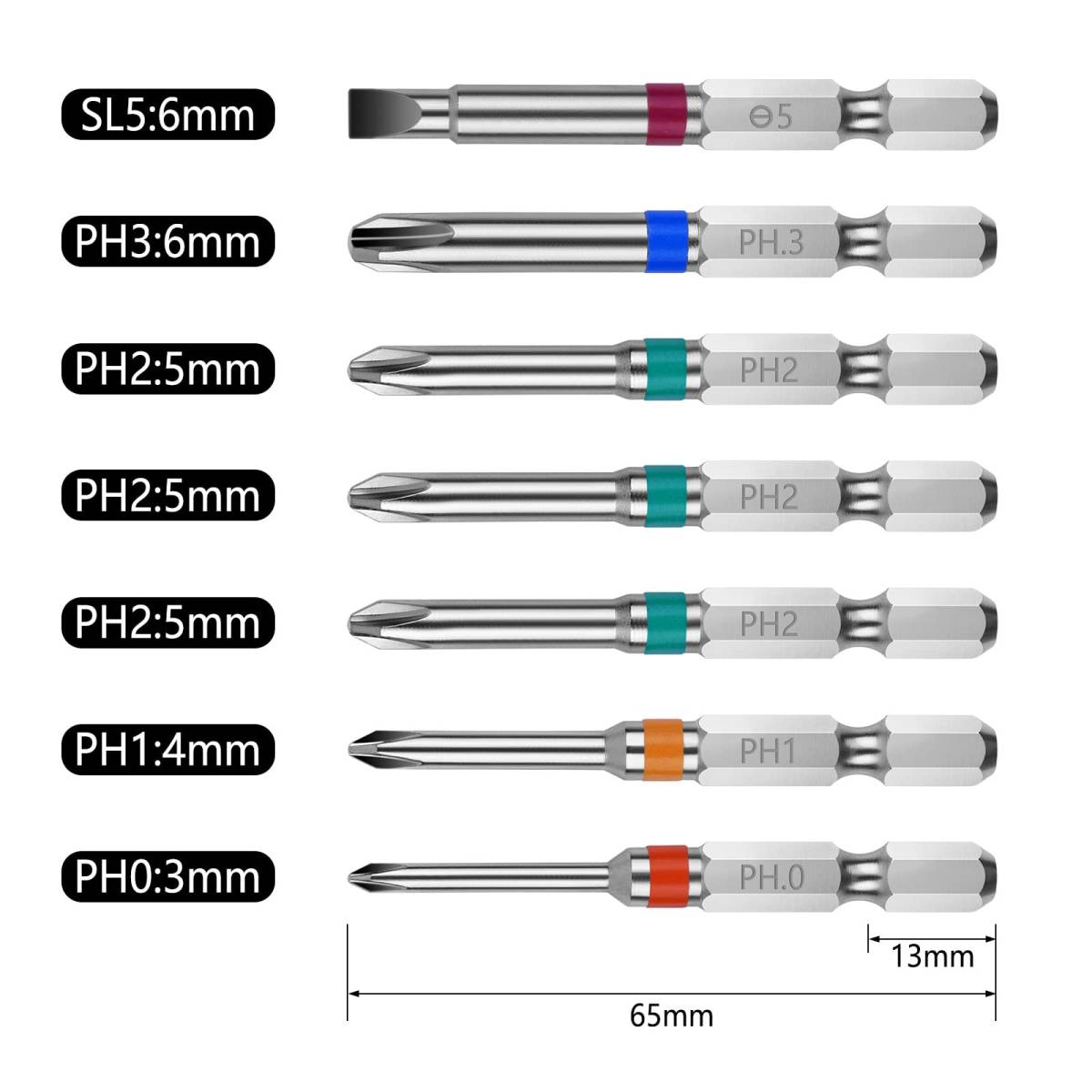 【在庫処分】6.35mm六角軸 片頭 磁気ドライバービット 65mm PH0 PH1 7本組 PH2 ドライバービットセット PH_画像5