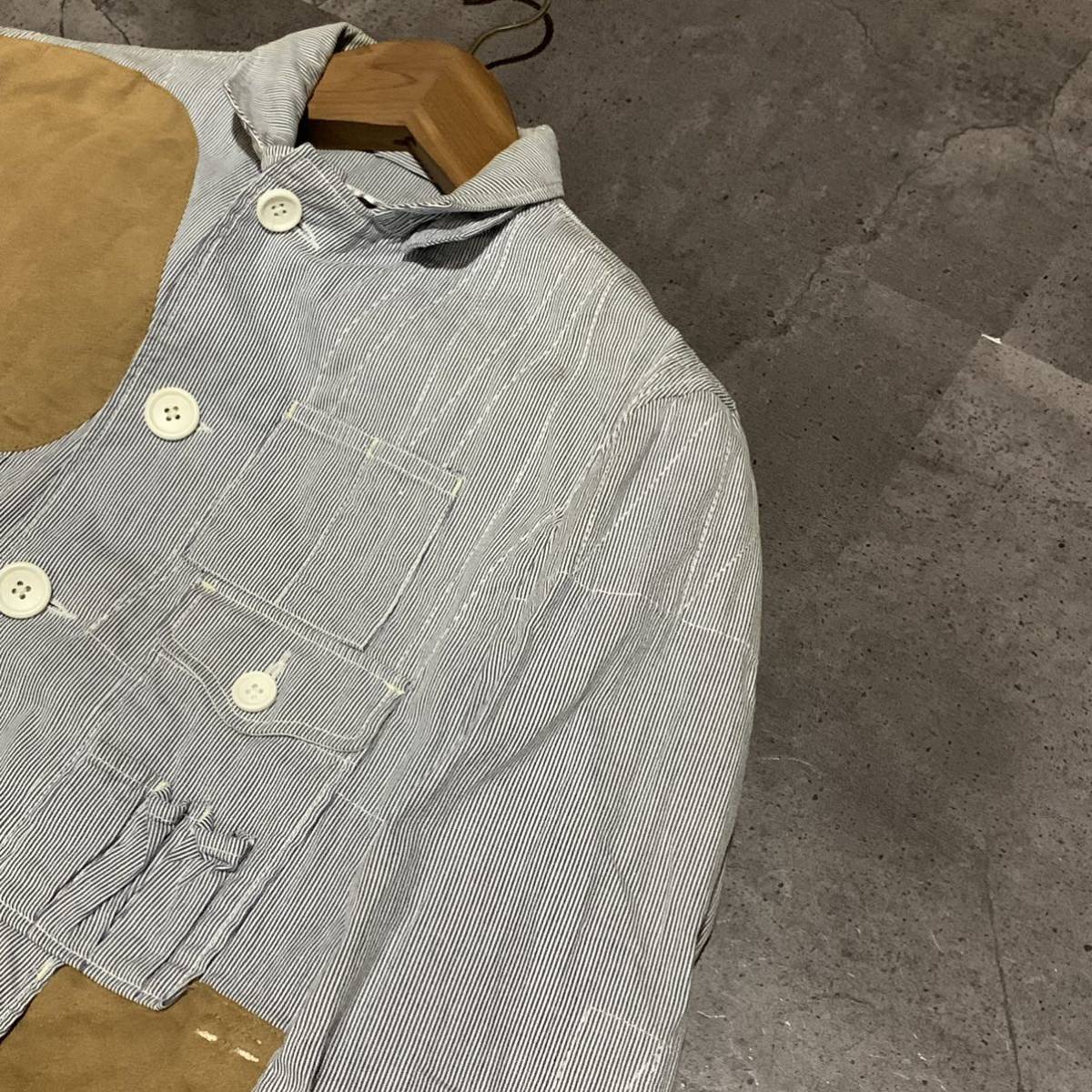 G ▼ 都会のカジュアルウェア '米国製' Engineered Garments エンジニアードガーメンツ USA製 異素材切り替え ストライプ ボタンシャツ S_画像4