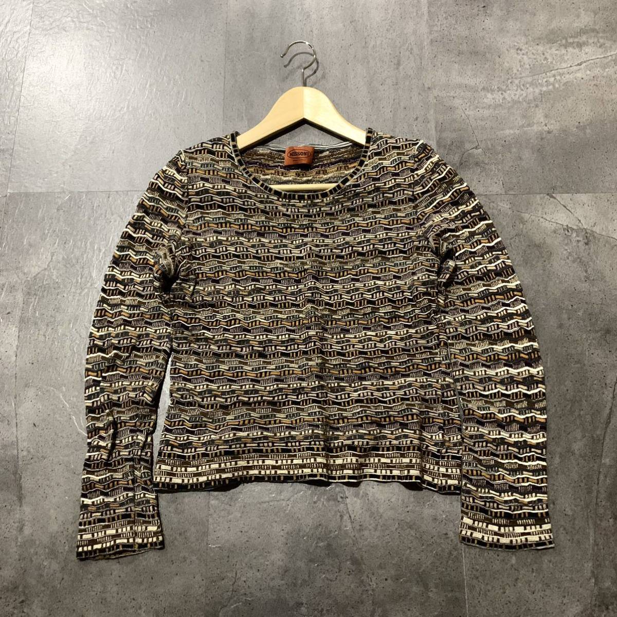 O ☆良品/ 高級エレガント服 'イタリア製' MISSONI ミッソーニ 長袖 ジャガードニット 総柄 セーター カットソー 大きいサイズ:44 トップス