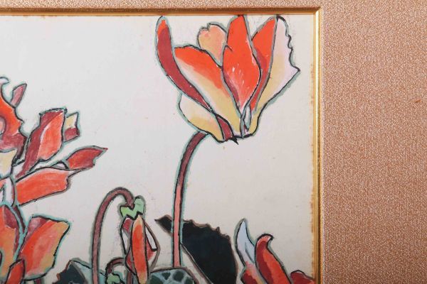 8331 island many ..[ cyclamen persicum ] watercolor frame ( square fancy cardboard kimono wrapping paper have ) autograph autograph genuine writing brush genuine work Tochigi prefecture deer island . exhibition .:.. thousand .