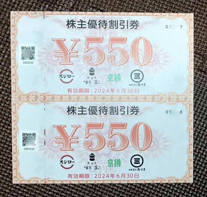 ■スシロー 株主優待割引券1100円分（550円×2枚）_画像1