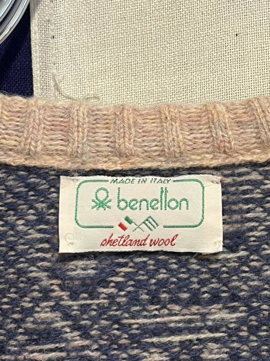 *benetton* Benetton *80s* Италия производства *sheto Land шерсть * Logo общий рисунок * вязаный * свитер * темно-синий × бежевый *L размер соответствует * Vintage 