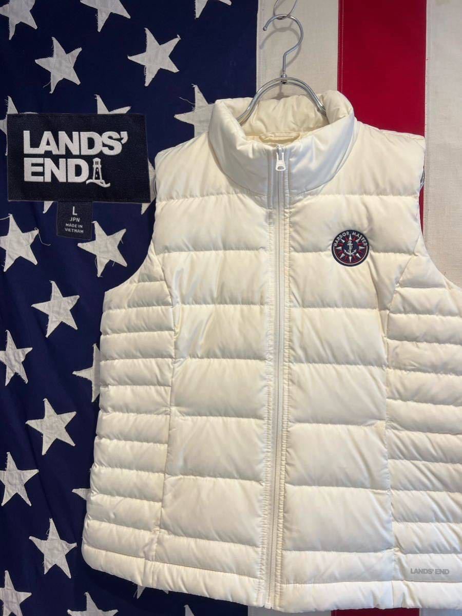 ★LANDS′ END★ランズエンド★撥水加工★ダウンベスト★フルジップ★プリントロゴ★スタンドカラー★ワッペン★ホワイト★白★Lサイズ★_画像1