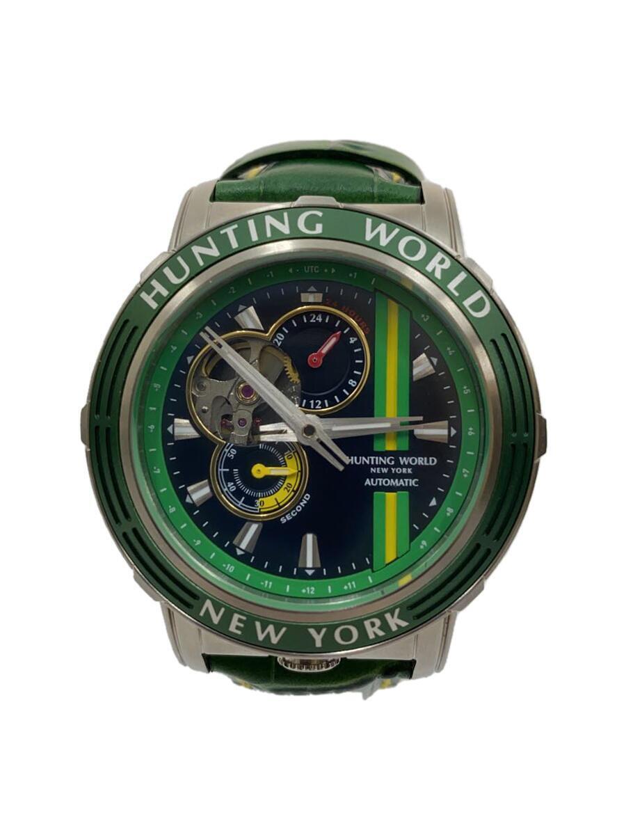 HUNTING WORLD◆クォーツ腕時計/アナログ/レザー/BLK/GRN/HW993