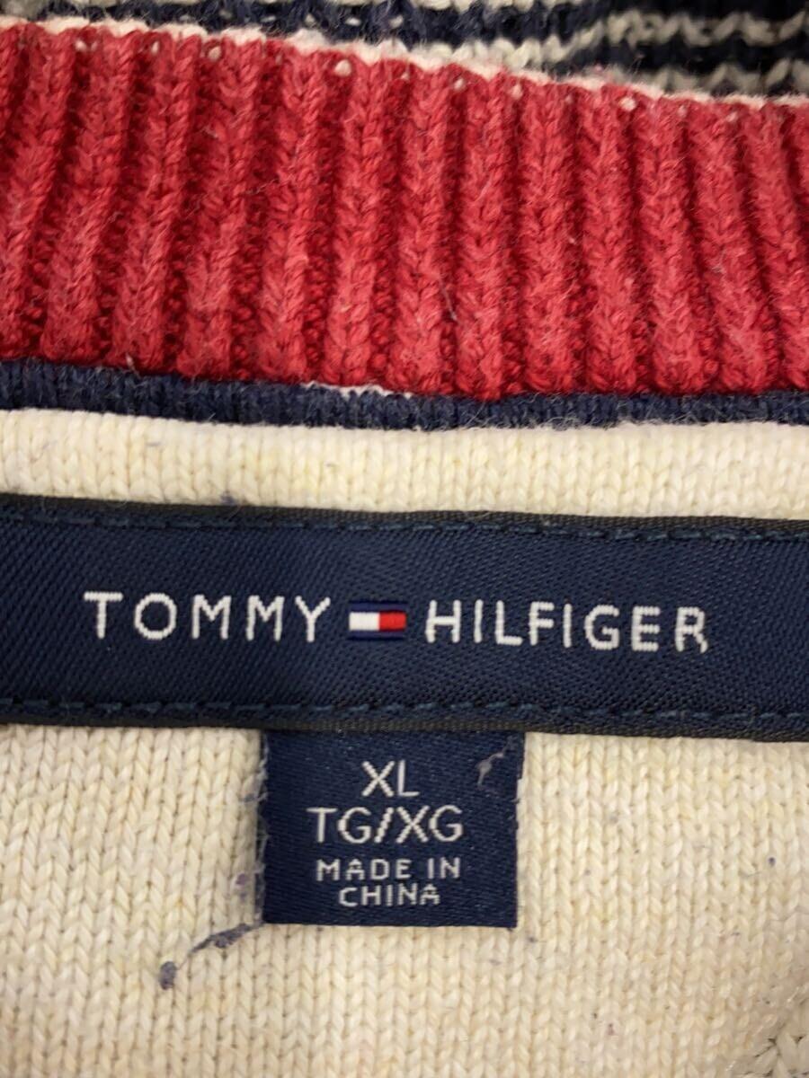 TOMMY HILFIGER◆ワンポイントロゴ刺繍クルーネックセーター(薄手)/XL/コットン/WHT/ボーダー_画像3