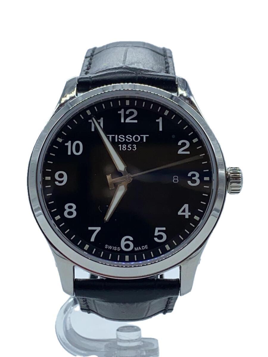 TISSOT◆クォーツ腕時計/アナログ/レザー/BLK/BLK/T116410_画像1