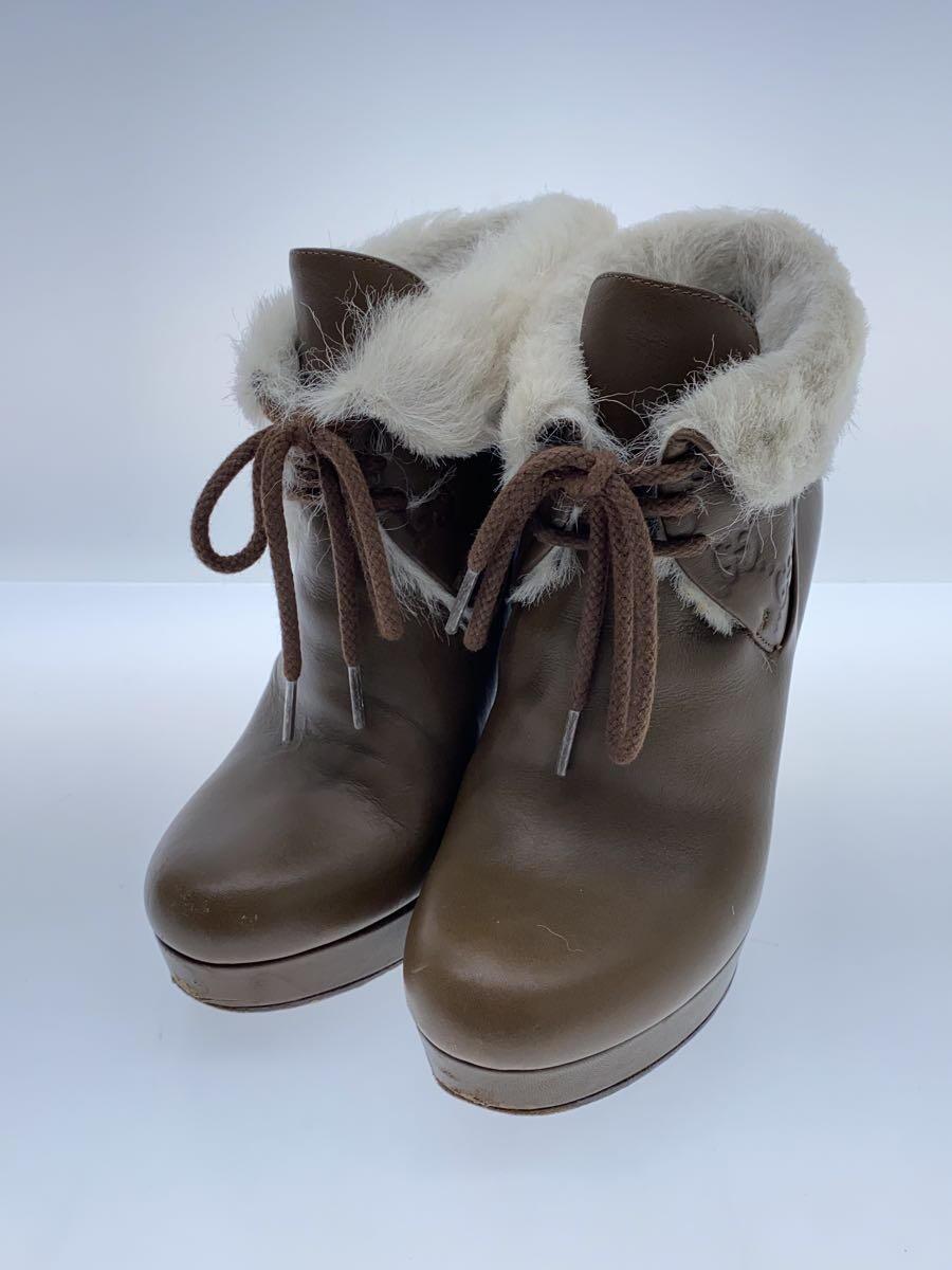 GUCCI*269700/Brown Leather And Faux Fur Trim Shield Ankle Boots