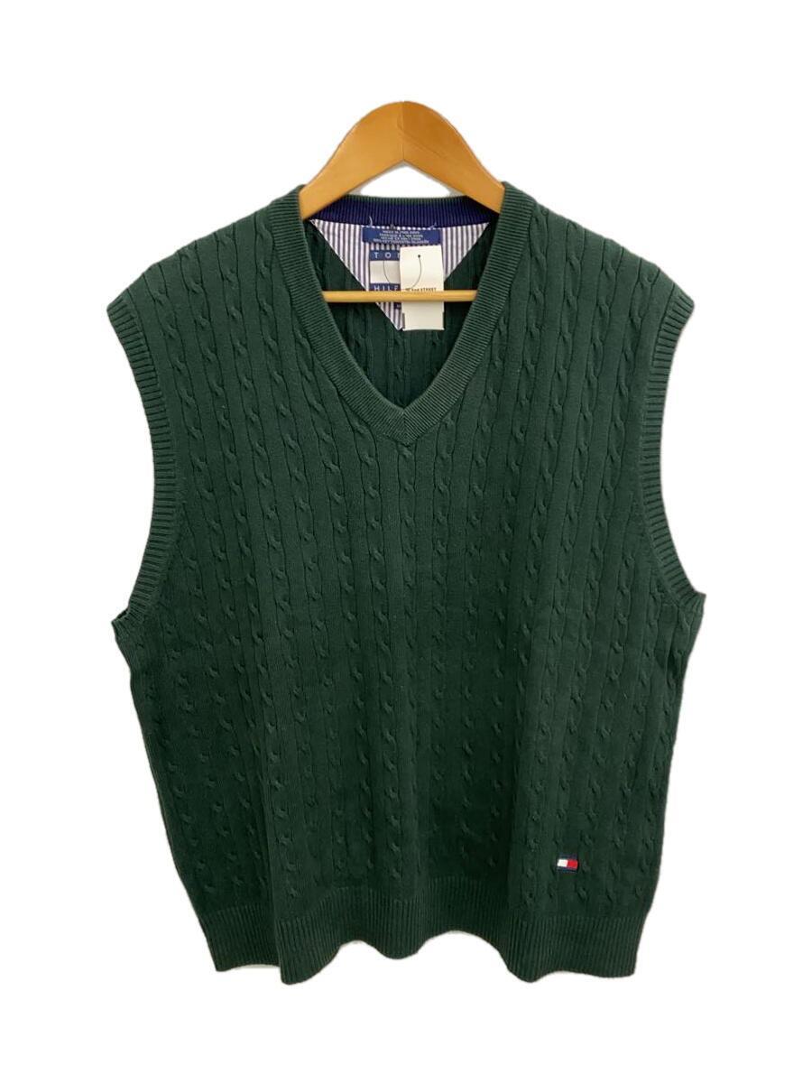 TOMMY HILFIGER◆85～90s/Vネックニットベスト/XL/コットン/GRN_画像1