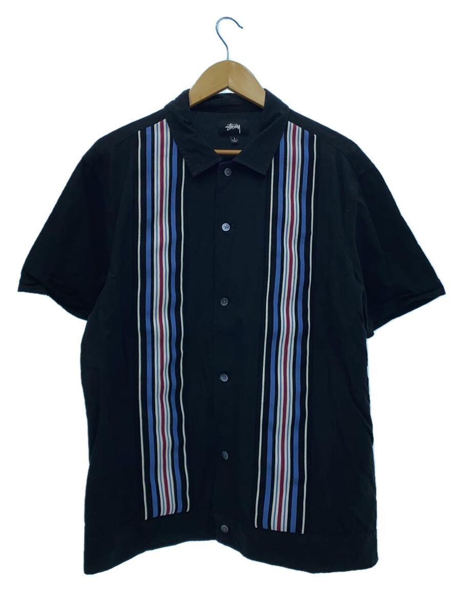 STUSSY◆Striped Knit Panel Shirt半袖シャツ/L/コットン/BLK/1110093