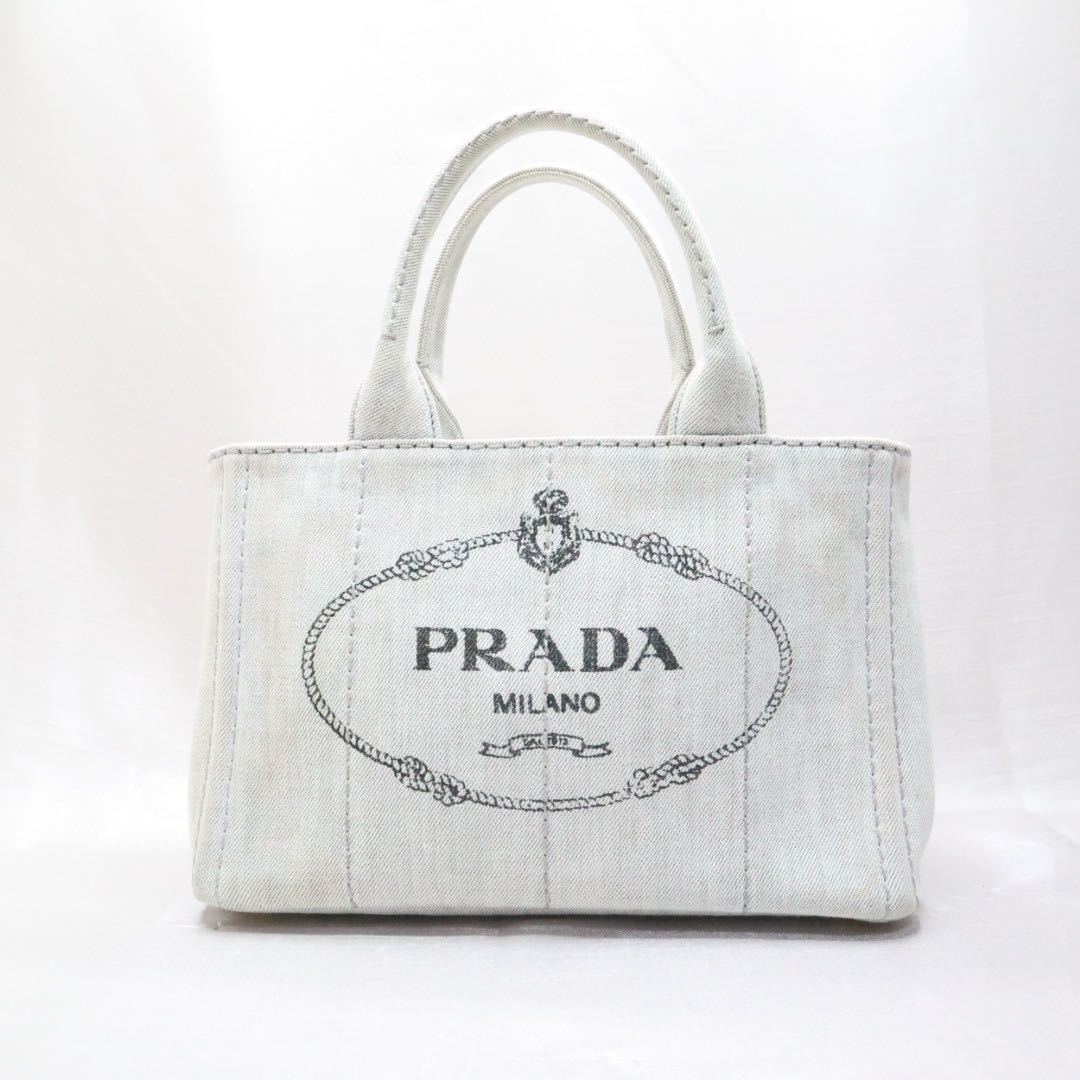 1円~ PRADA プラダ カナパ S ハンドバッグ トートバッグ 三角ロゴ ロゴプレート キャンバス デニム グレー レディース_画像2