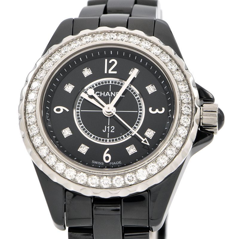 [3年保証] シャネル レディース J12 29MM H2571 ブラック セラミック ダイヤベゼル ダイヤインデックス 黒 クオーツ 腕時計 中古 送料無料