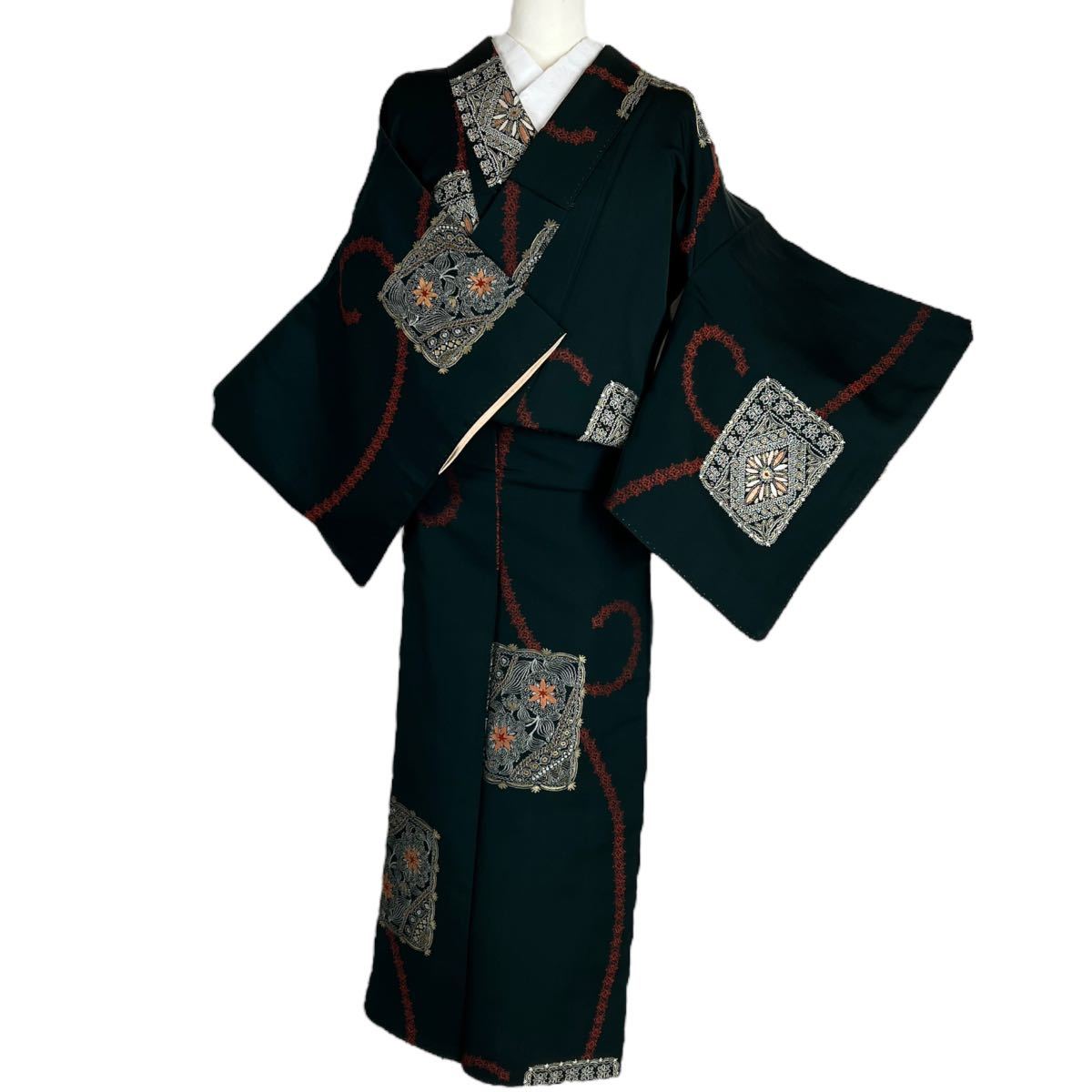 お召 御召 小紋 袷着物 着物 きもの カジュアル着物 リサイクル着物 kimono 中古 仕立て上がり 身丈155cm 裄丈63cmの画像1
