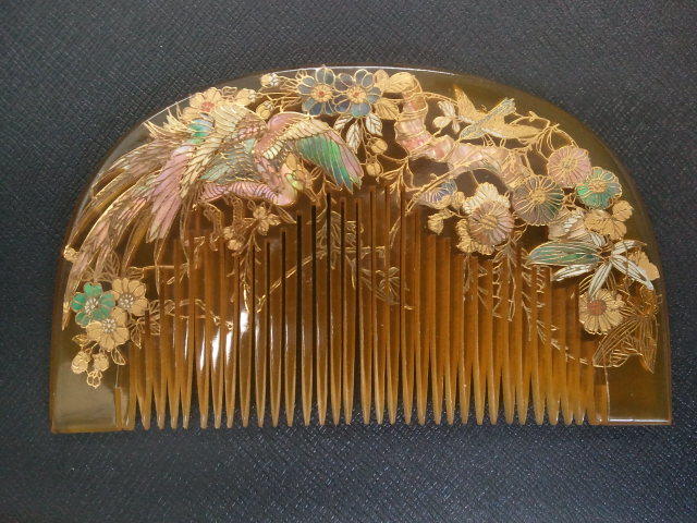 **[... kimono small articles era thing ] mother-of-pearl flowers and birds tortoise shell engraving .*./ comb ornamental hairpin hair ornament accessory / tortoise shell material *