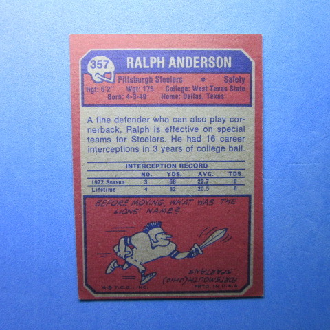 1973 Topps Football #357 Ralph Anderson (ROOKIE)_画像2