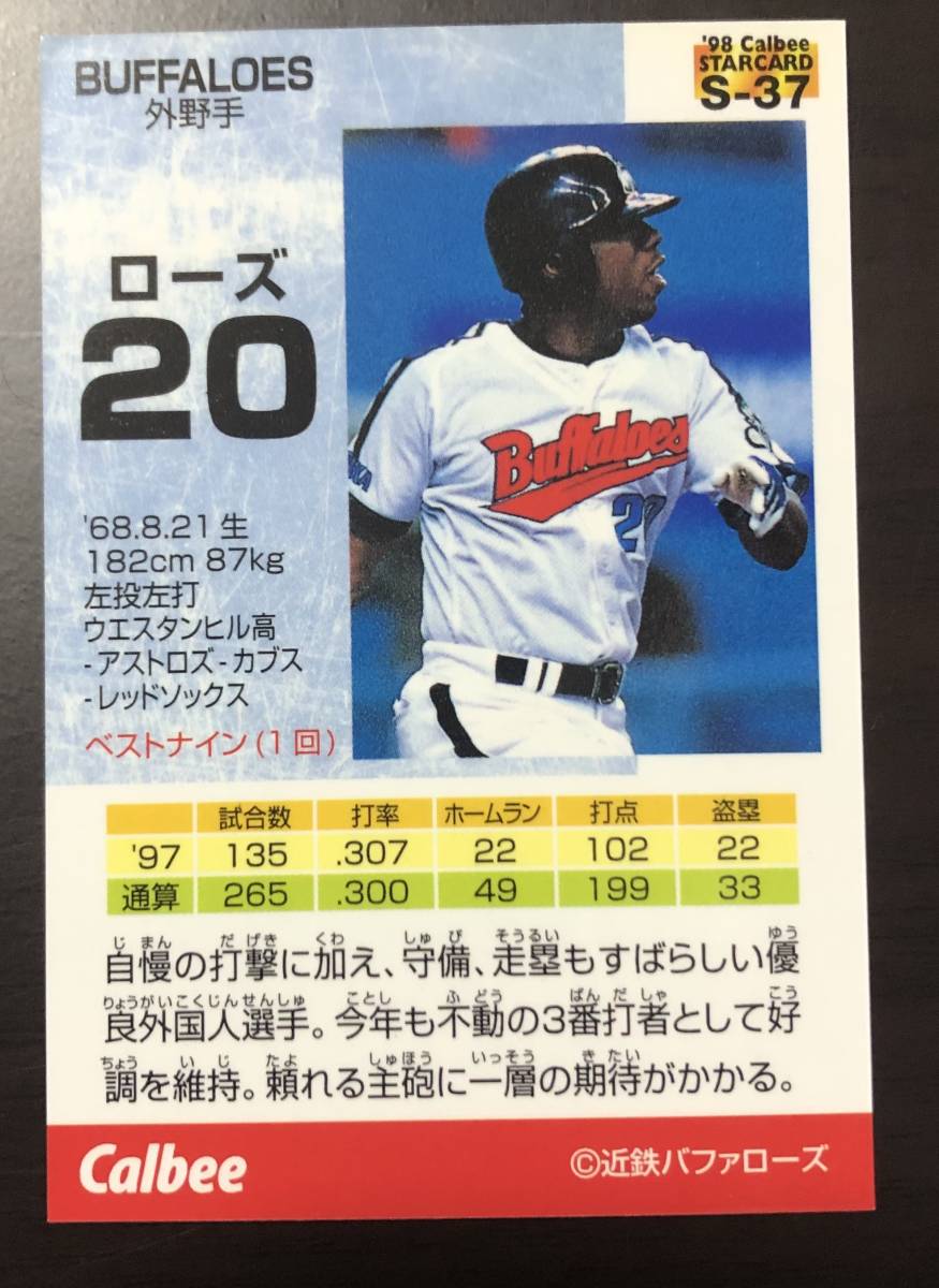 カルビープロ野球チップス1998　スターカード　S-37　ローズ_画像2