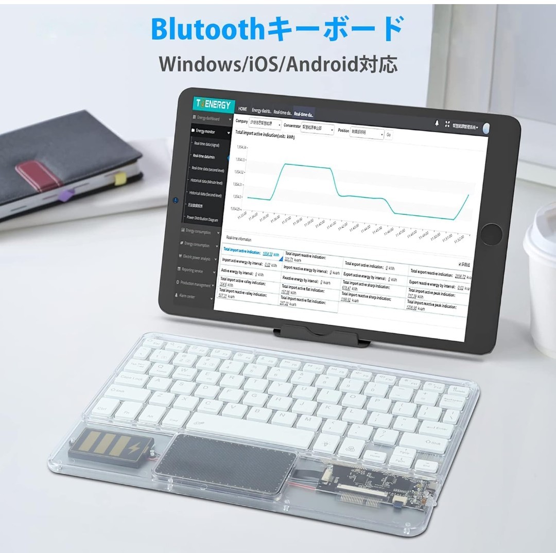 y012508fm 透明キーボード 3.0 Bluetooth 薄型 コンパクト Type-C 充電式 英語配列 9.7-10.5インチ タブレット スマホ 用 ホワイト_画像2
