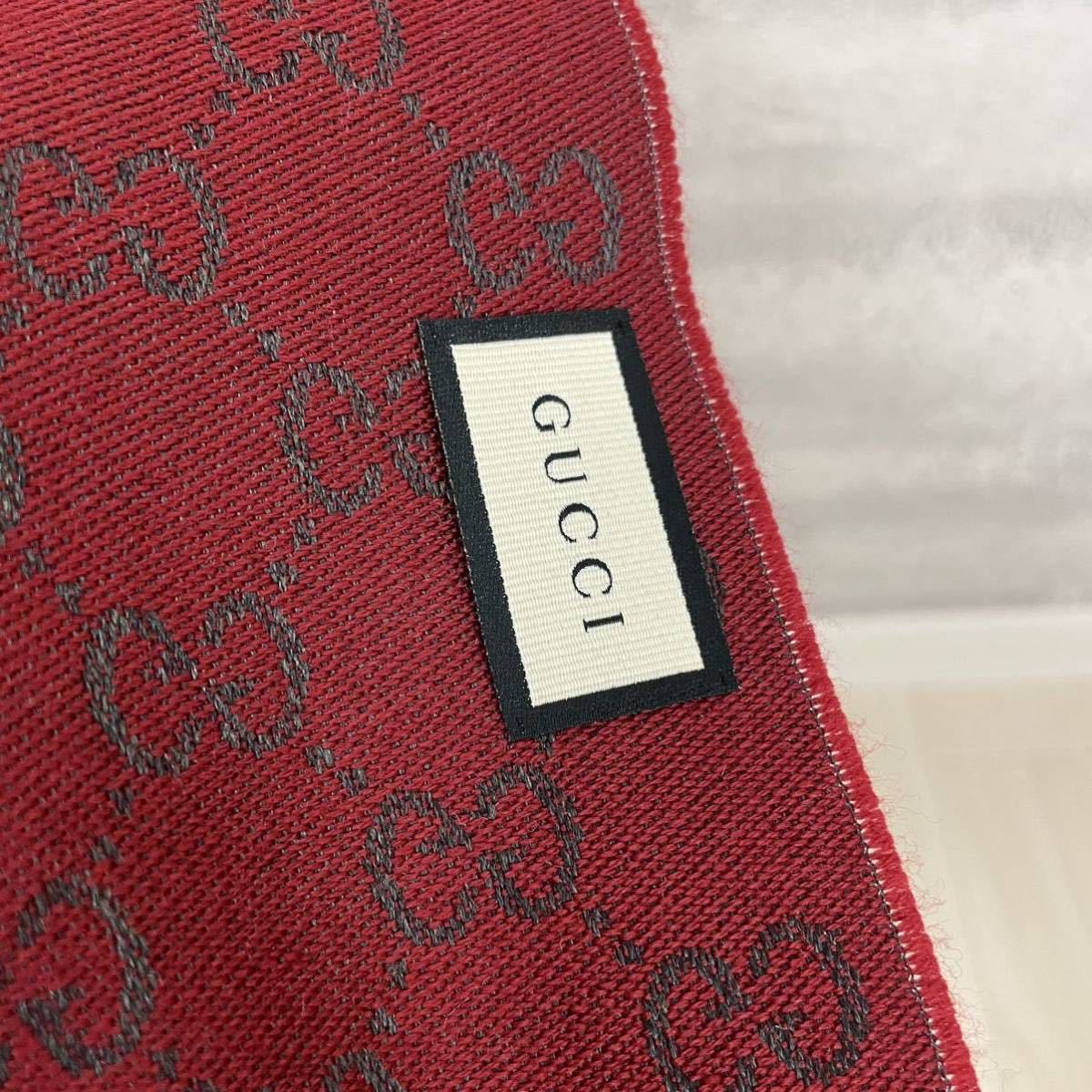 【新品未使用品】GUCCI グッチ　ストール　ウール　GG 総柄　レッド　グレー　リバーシブル　フリンジ_画像5